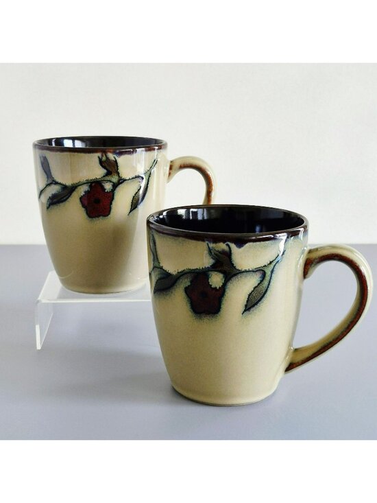 Mikasa Other - Mikasa Desert Bloom Coffee Mug Set Glossy Beige Stoneware Dark Red & Gray Floral